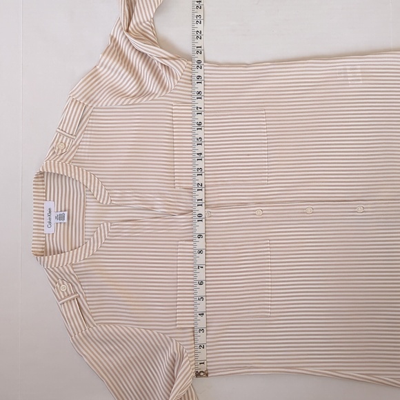 Calvin Klein Striped Button Tab Button Up Semi-Sheer Blouse MEDIUM White Tan - Picture 14 of 15
